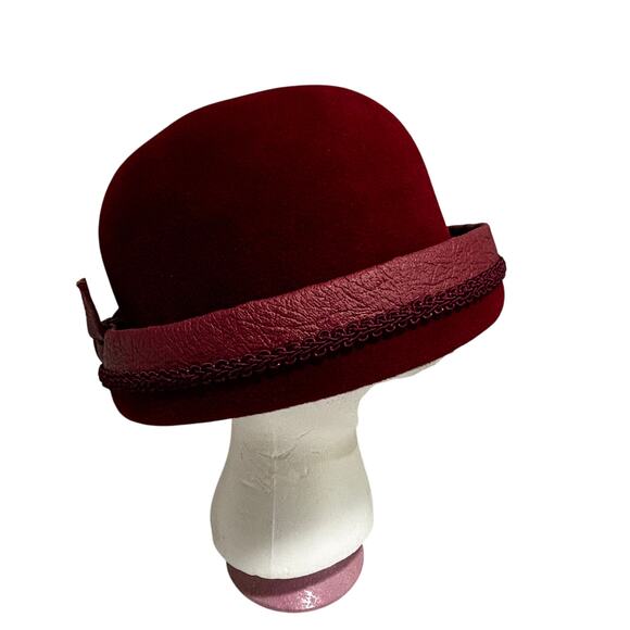 Vintage burgundy red felted wool bucket hat rolled brim Union Label bow trim - Picture 5 of 9